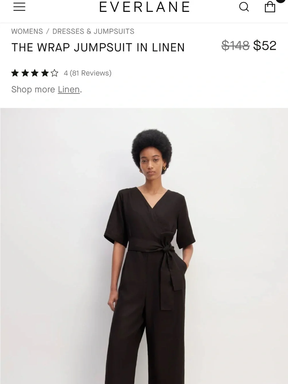 Everlane Black Wrap Linen Jumpsuit with Self-Tie Waist